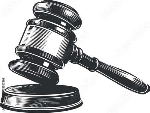 Monochrome illustration of a judge's gavel, symbolizing justice and authority in legal settings.