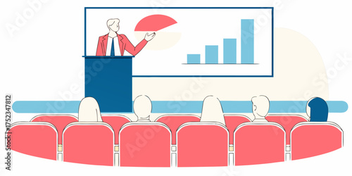 Captivating Business Presentation Vector Illustration: Conference Room Setup, Speaker Displaying Analytics, Audience Watching in Auditorium