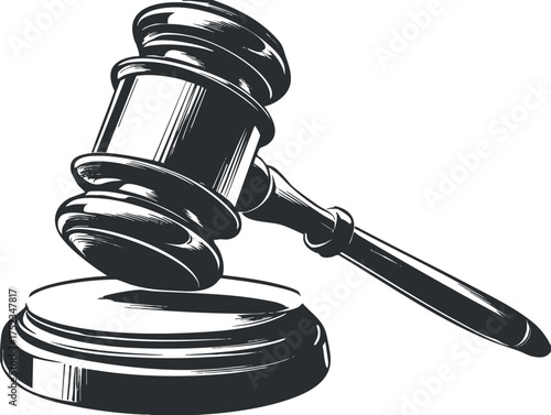 Black and white illustration of a judge's gavel symbolizing justice and legal authority.