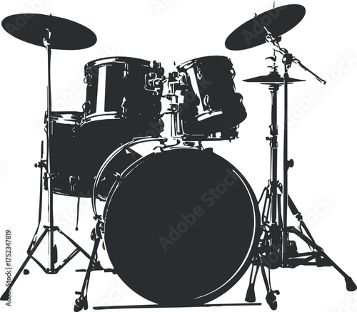 Black and white silhouette of a drum kit with cymbals, showcasing musical instruments.