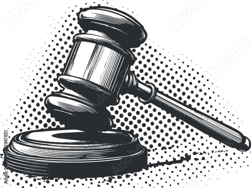 Black and white illustration of a gavel, symbolizing justice, law, and authority in court.