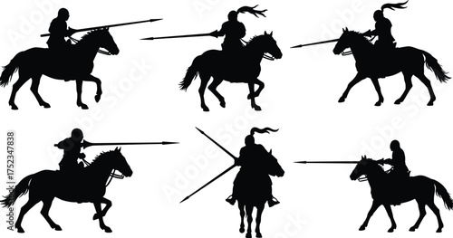 Set of Knight on Horseback Silhouette Vectors, Medieval Cavalry Soldiers with Lances in Dynamic Battle Poses, War and History Graphic.