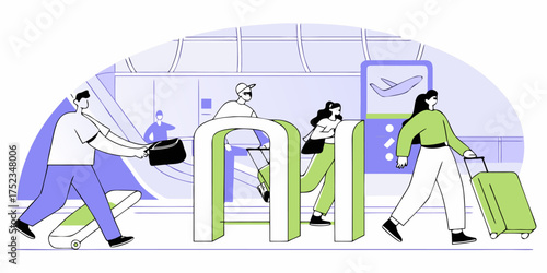 Airport Travel Experience Illustration Passengers Passing Through Security Gates Handling Luggage Modern Flat Vector Illustration of Airport Security Checkpoint and Departure