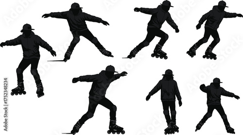 Inline skating silhouettes, rollerblading motion graphic set, people wearing helmets, active leisure sport, fitness training, black vector illustration, isolated on white.