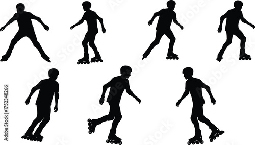 Inline skating silhouettes, rollerblading motion graphic set, people wearing helmets, active leisure sport, fitness training, black vector illustration, isolated on white.