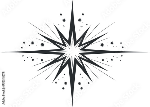 Abstract black and white starburst graphic design with sharp spikes and decorative elements.