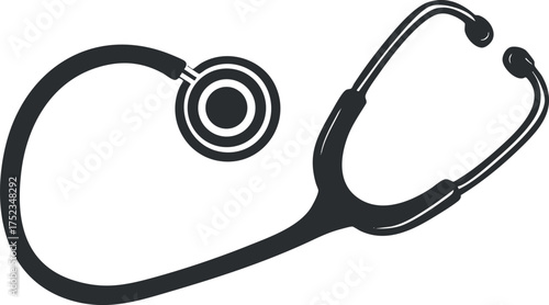 Black and white illustration of a stethoscope used in medical practice and healthcare.