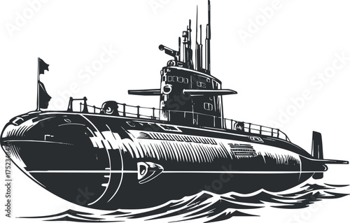 Black and white illustration of a submarine, highlighting naval military technology and underwater exploration.
