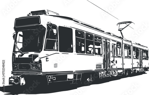 Black and white vector illustration of a tram, highlighting urban transportation infrastructure.
