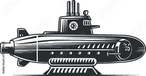 Vintage black and white illustration of a submarine, highlighting nautical and underwater exploration themes.