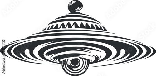 Black and white illustration of a UFO spaceship in a retro, vintage style.