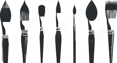 Monochrome illustration of various paintbrush silhouettes in a row showcasing different shapes.