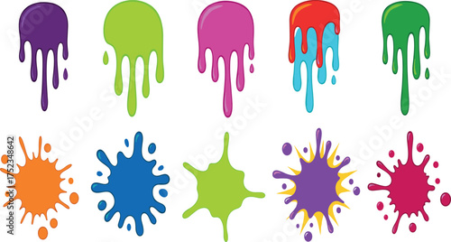 Vibrant collection of colorful paint splatters and dripping liquid elements, perfect for playful and artistic graphic design projects, adding a dynamic and expressive touch