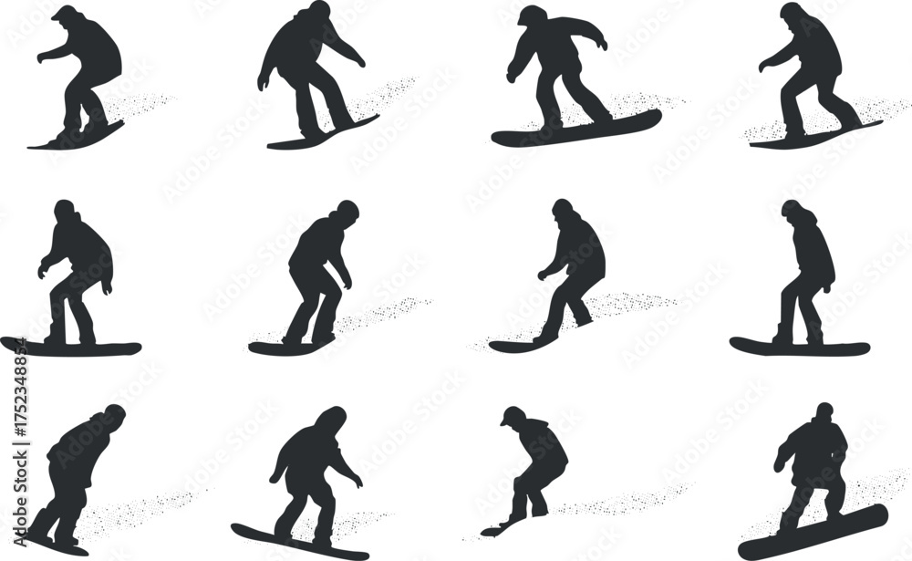 Fototapeta premium Silhouettes of snowboarders in action against a white background, capturing dynamic winter sport movements.