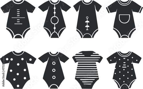 Illustration of eight decorative baby onesies in black and white, showcasing various patterns.
