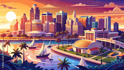 Very beautiful aerial view of St. Petersburg, Florida, showing the downtown skyline, harbor, and scenic waterfront pier bathed in warm golden light.

