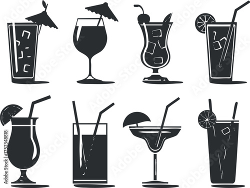 Stylized silhouettes of various cocktail glasses with garnishes and straws, showcasing diverse designs.
