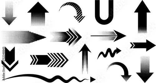 Collection of black and white arrows in various styles and directions on a white background