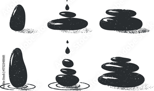 Illustration of zen stones in various balanced formations, symbolizing tranquility and mindfulness.