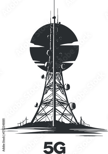 Silhouette of a 5G telecommunications tower symbolizing modern wireless communication technology.