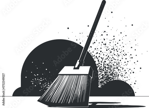 Illustration of a broom sweeping dust, emphasizing cleanliness and household chores in black and white.