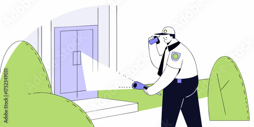 Illustration of Security Guard Patrolling Building with Flashlights at Night Cartoon Vector Isolated on White