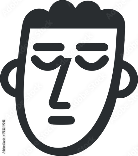 Minimalist black and white icon of a stylized face with closed eyes and neutral expression.