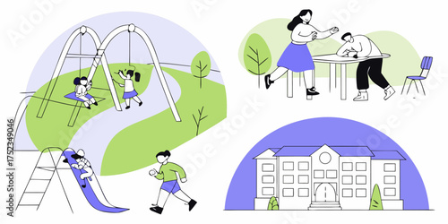 School Kids Illustrations of Students Playing on Playground, Teacher Helping Pupil with Schoolwork, and Exterior of School Cartoon Vector Isolated on White