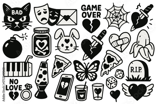 Black and White Cartoon Icon Set with Pop Culture and Rebellious Symbols
