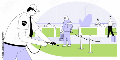 Airport Security Inspector Examines Passengers with Detector Wand Flat Vector Illustration. Inspection Service Checks Travelers at Check-in Desk, Travel, International Flight, and Safety Procedure