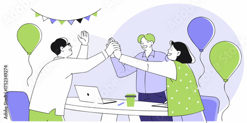 Corporate Team Success Vector Illustration Business Achievement Celebration High Five Collaboration Workplace Accomplishment Winning Goal Progress Happy Office
