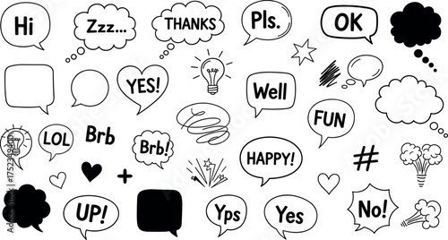 Versatile Hand-Drawn Doodle Collection of Speech Bubbles and Communication Elements for Social Media Messaging, Chat Interface Designs, and Expressive Digital Content Creation