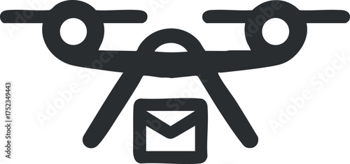 Black and white drone delivery icon depicting a drone carrying a parcel for shipping services.