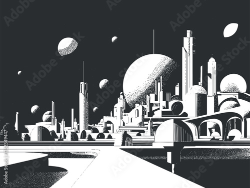 Monochrome illustration of a futuristic cityscape with planets in the sky, showcasing modern architecture.