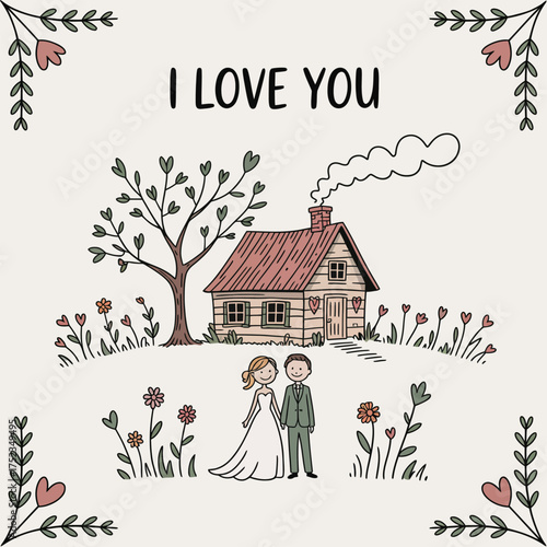 Love's Sweet Abode: Charming illustration captures a couple's journey to a home filled with love, surrounded by nature's embrace.
