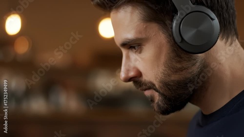 Close Up of Man Listening With Headphones Indoor