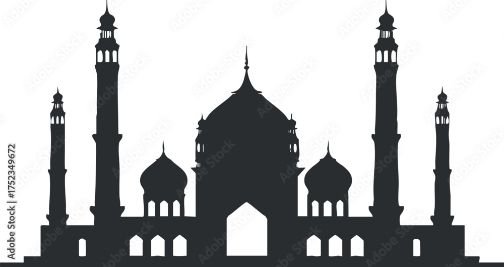 Fototapeta premium Silhouette of a mosque with prominent minarets and dome, showcasing Islamic architectural style.
