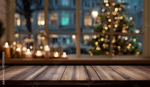 Wooden table in foreground with cozy Christmas window scene and glowing lights holiday winter