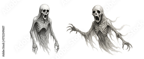 Ghost with outstretched arms on white background. Halloween. Scary. Mystery.