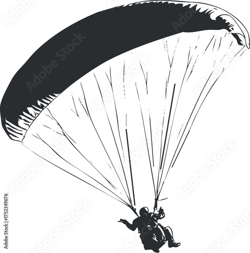 Silhouette of a paraglider in flight with a parachute against a white background.