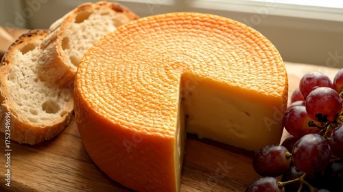 Serving Cheese Wheel With Bread and Grapes on Wooden Board