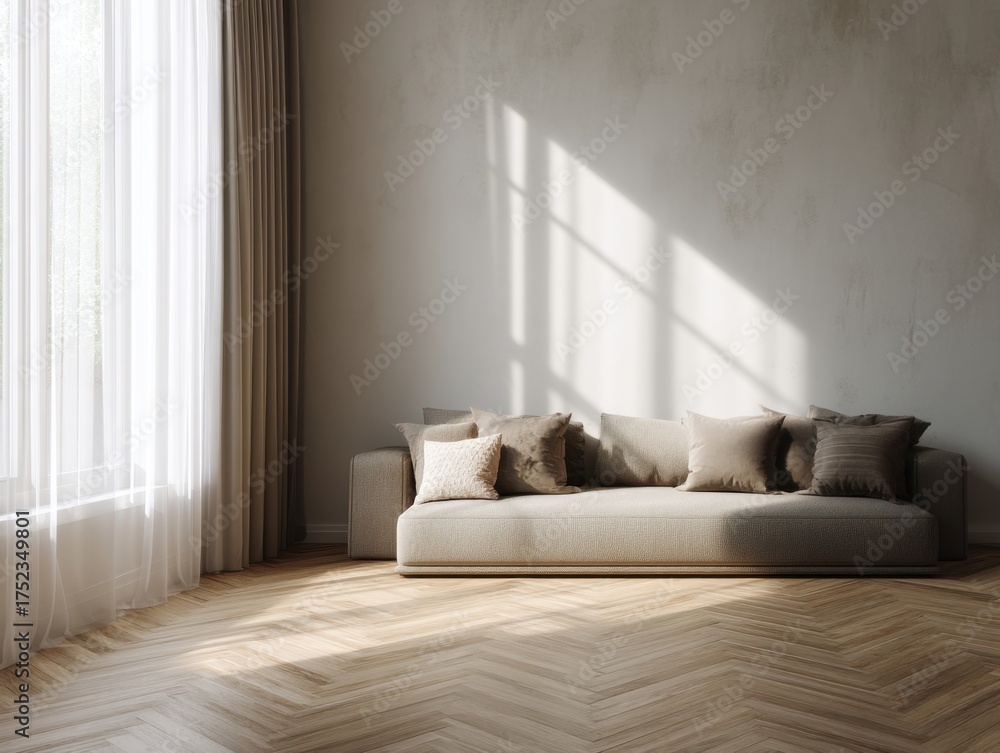 Fototapeta premium A large couch is in a room with a window