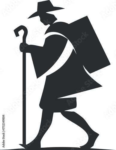 Silhouette of a hiker with a walking stick and backpack, symbolizing travel and adventure.