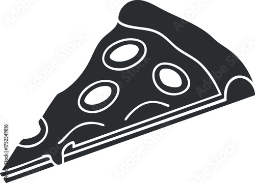 Black and white silhouette illustration of a pizza slice with pepperoni and cheese.
