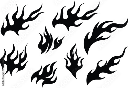 Collection of black tribal flame and fire tattoo designs isolated on white background