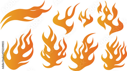 Collection of stylized orange and yellow flames and fire elements on a white background