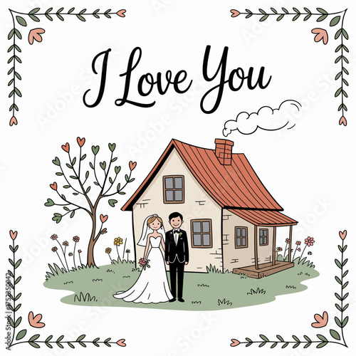 Love's Dwelling: A charming illustration depicts a newlywed couple standing before their dream home, surrounded by the delicate embrace of nature, symbolizing the beginning of their shared life.