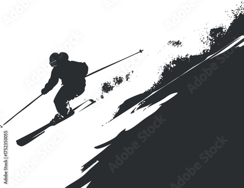 Silhouette of a skier racing downhill on a snowy slope, capturing winter sport action.