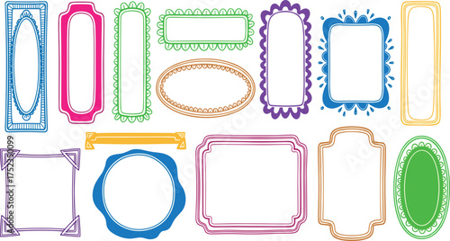 A diverse collection of colorful hand-drawn frames and decorative borders, featuring oval, rectangular, and ornate shapes for design projects