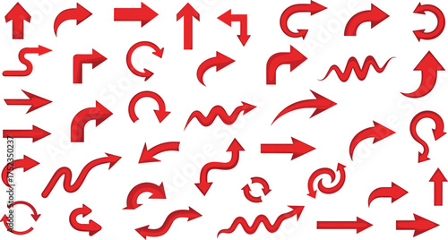 A comprehensive collection of diverse red arrow icons, illustrating concepts of direction, navigation, and movement in various shapes and styles